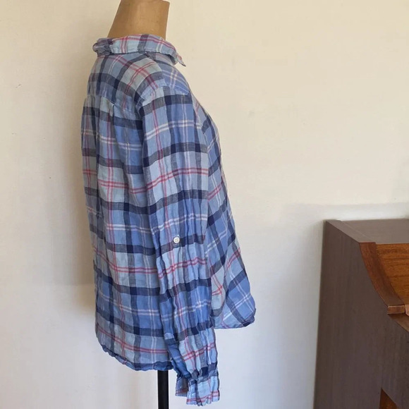 CP Shades blue sz S checkered plaid 100% linen long sleeve great pre owned cond - Picture 3 of 6